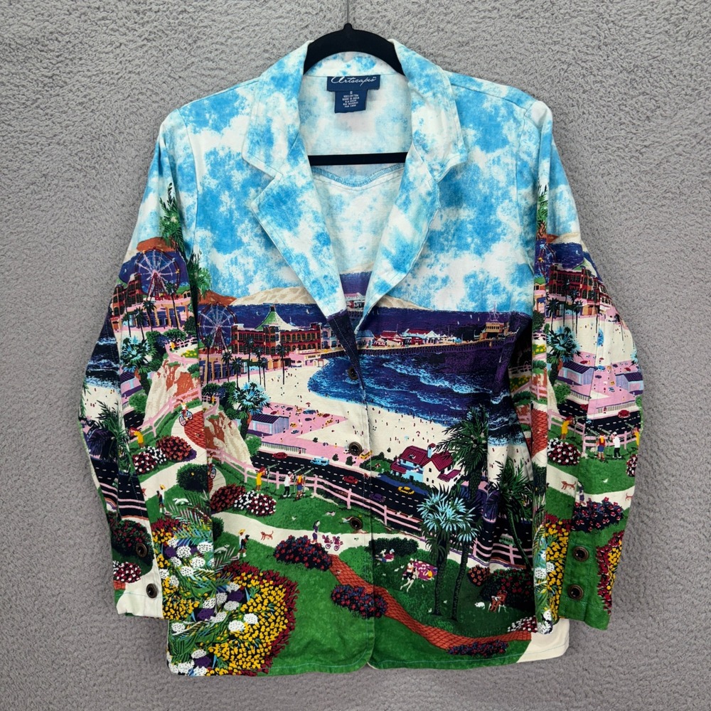 Artscapes Blazer Womens S Blue Beach Boardwalk Scenic Print Button Jacket Artsy